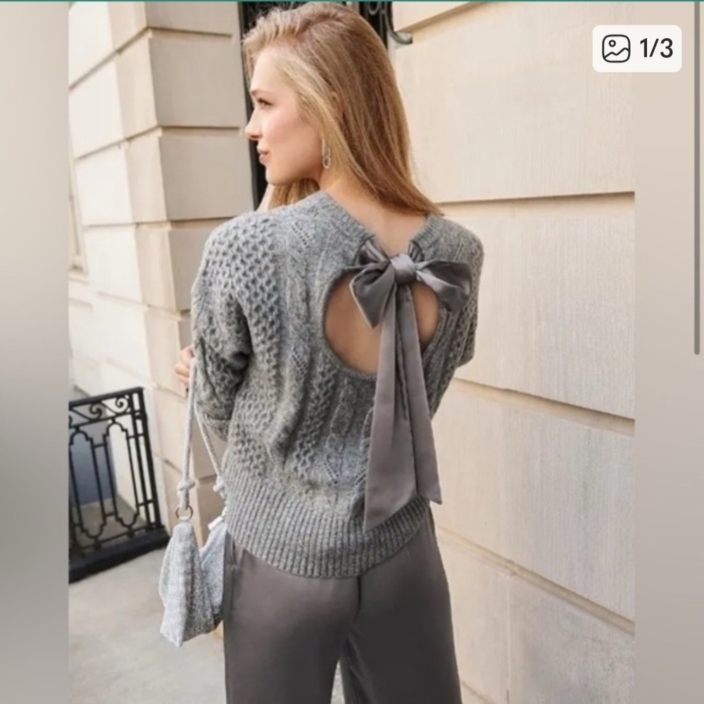 Express Gray Open-Back Sweater with Satin Bow Detail